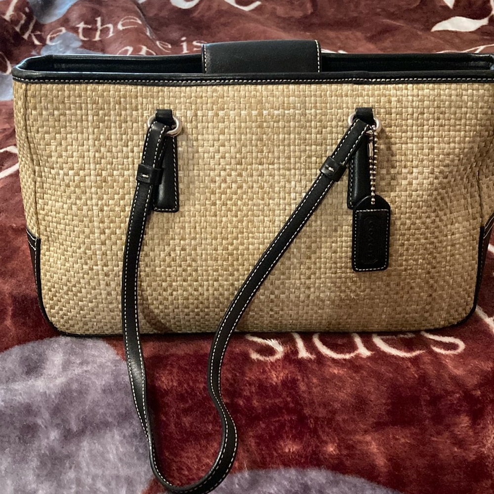 Coach Cabana Straw & Leather Handbag, Black Leather Trim, Like new Condition
